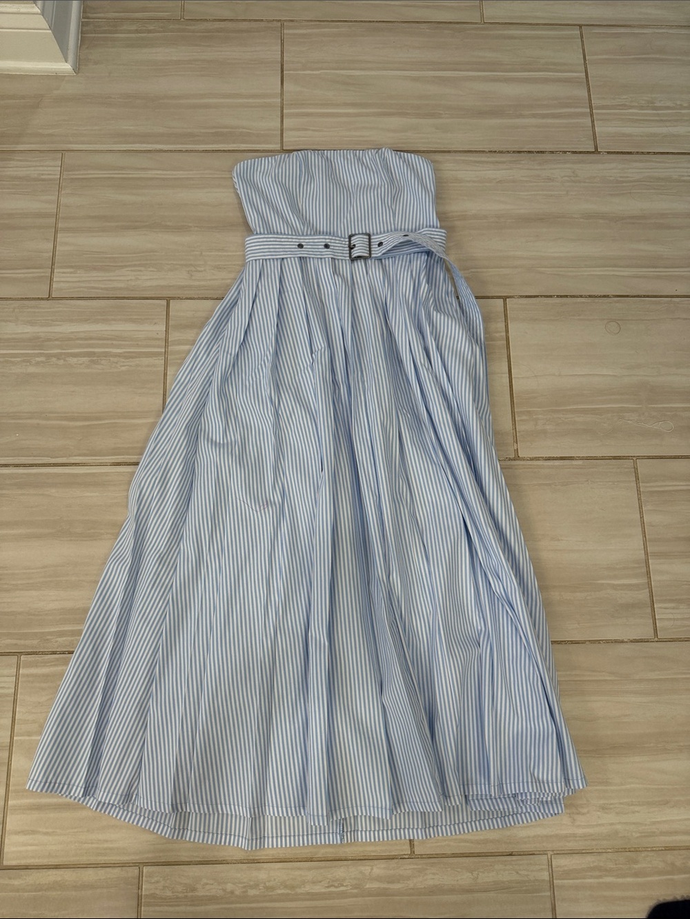 a new day Strapless Light Blue and White Striped Belted Maxi Dress